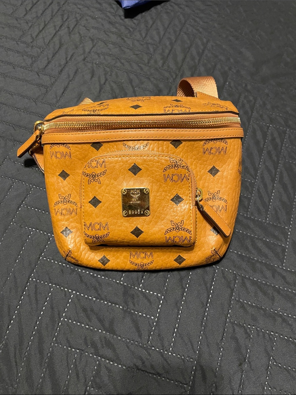 MCM Cognac Logo Visetos Belt Bag with Gold Plaque